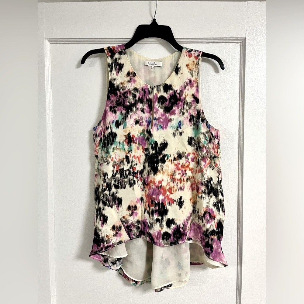 Parker Silk Tank Sleeveless Lonnie Blouse - Watercolor Oasis - Size Medium